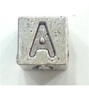 alphabet beads, alloy, antique silver, approx 7x7x7mm, 3mm hole, letter U