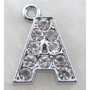 Alphabet bead pendants, A-letter, rhinestone, 13x14mm