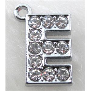 Alphabet charm pendants, E-letter, rhinestone, 9x14mm