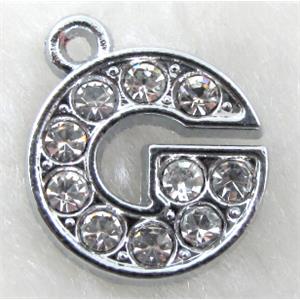 Alphabet charm pendants, G-letter, rhinestone, 14mm dia