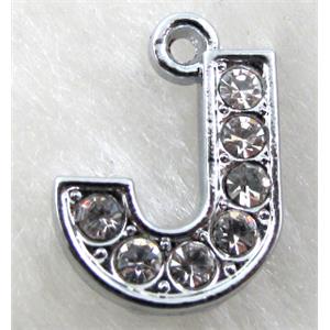 Alphabet bead pendants, J-letter, rhinestone, 11x14mm