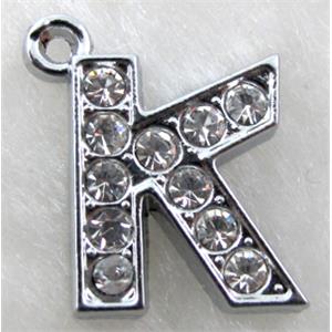 Alphabet bead pendants, K-letter, rhinestone, 10x14mm