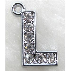 Alphabet bead pendants, L-letter, rhinestone, 8x14mm