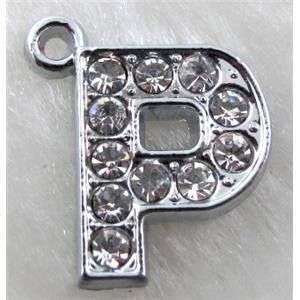 Alphabet bead pendants, P-letter, rhinestone, 11x14mm