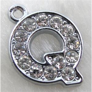 Alphabet bead pendants, Q-letter, rhinestone, 14mm dia