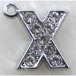 Alphabet bead pendants, X-letter, rhinestone, 11x14mm