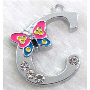 Alphabet bead pendants, C-letter, enamel butterfly, rhinestone, 30x30mm, Platinum plated
