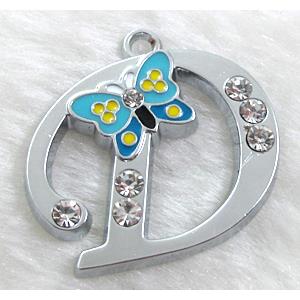 Alphabet pendants, D-letter, enamel butterfly, rhinestone, 30x30mm, Platinum plated