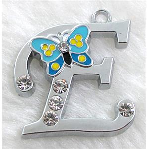 Alphabet pendants, E-letter, enamel butterfly, rhinestone, 30x30mm, Platinum plated