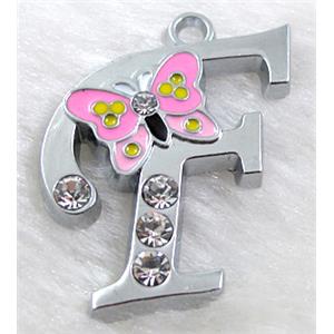 Alphabet charm pendants, F-letter, enamel butterfly, rhinestone, 30x30mm, Platinum plated