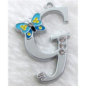 Alphabet bead pendants, G-letter, enamel butterfly, rhinestone, 30x42mm, Platinum plated