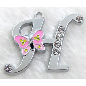 Alphabet pendants, H-letter, enamel butterfly, rhinestone, 40x30mm, Platinum plated