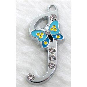 Alphabet pendants, J-letter, enamel butterfly, rhinestone, 20x40mm, Platinum plated