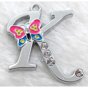 Alphabet bead pendants, K-letter, enamel butterfly, rhinestone, 30x30mm, Platinum plated