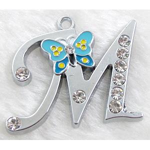 Alphabet bead pendants, M-letter, enamel butterfly, rhinestone, 40x30mm, Platinum plated