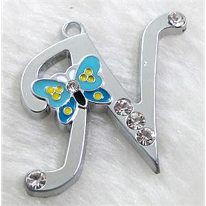 Alphabet pendants, N-letter, enamel butterfly, rhinestone, 30x30mm, Platinum plated