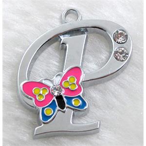Alphabet bead pendants, P-letter, enamel butterfly, rhinestone, 30x30mm, Platinum plated