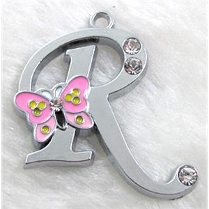Alphabet pendants, R-letter, enamel butterfly, rhinestone, 35x35mm, Platinum plated