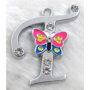 Alphabet bead pendants, T-letter, enamel butterfly, rhinestone, 30x30mm, Platinum plated