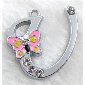Alphabet bead pendants, U-letter, enamel butterfly, rhinestone, 30x30mm, Platinum plated