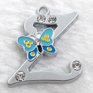 Alphabet bead pendants, Z-letter, enamel butterfly, rhinestone, 30x30mm, Platinum plated
