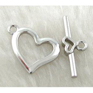 Toggle Clasp, alloy, platinum plated, heart, Lead Free, Nickel Free, 18x16mm, stick: 22mm length, Alloy