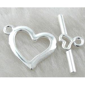 Toggle Clasp, alloy, silver plated, heart, Lead Free, Nickel Free, 18x16mm, stick: 22mm length, Alloy