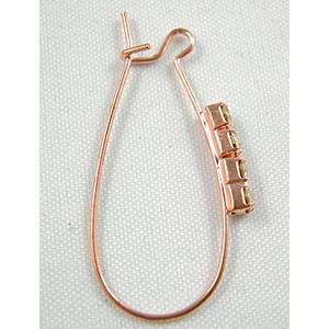 rose gold Copper leaveback earring with Rhinestone, Nickel Free, 14x33mm