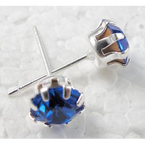 Silver Plated Copper Earring Pin, blue Rhinestone, Nickel Free, 6mm dia, 16.5mm length