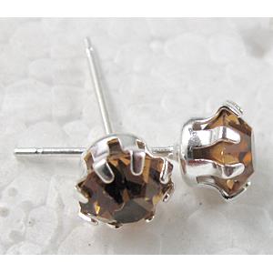 Silver Plated Copper Earring Pin, Coffee Rhinestone, Nickel Free, 6mm dia, 16.5mm length
