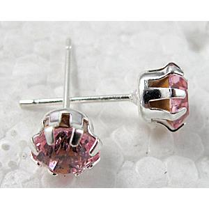 Silver Plated Copper Earring Pin, pink Rhinestone, Nickel Free, 6mm dia, 16.5mm length