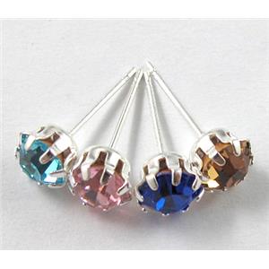 Silver Plated Copper Earring Pin, Rhinestone, Nickel Free, mix color, 6mm dia, 16.5mm length