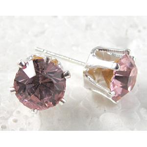 Silver Plated Copper Earring Pin, Pink Rhinestone, Nickel Free, 8mm dia, 18mm length