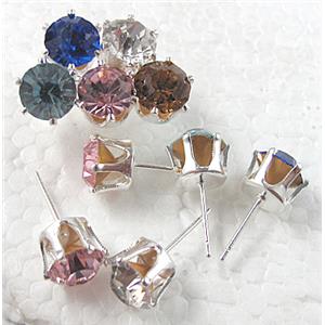 Silver Plated Copper Earring Pin, Rhinestone, Nickel Free, mix color, 8mm dia, 18mm length