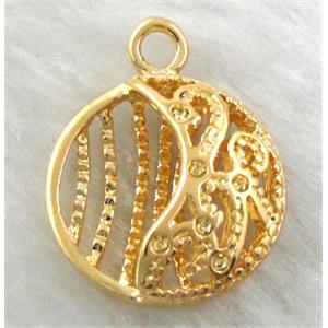 copper pendants, flat-round, hollow, Golden plated, 18mm dia