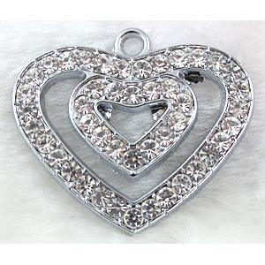 heart Pendants, rhinestone, alloy, platinum plated, 41mm wide
