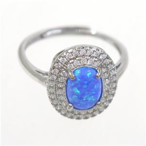 Sterling Silver Finger Rings paved zircon with blue Fire Opal, approx 6-8mm, 17mm dia