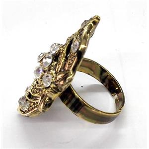finger Ring with rhinestone, alloy bead, adjustable, antique gold, approx 18-25mm, 18mm dia
