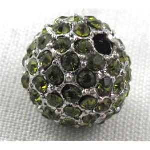 round beads, paved olive rhinestone, alloy, platinum plated, 10mm dia, 2.6mm hole
