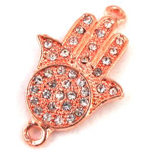 Hamsahand bracelet bar, alloy connector with Rhinestone, red copper, 20x33mm