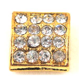 bracelet spacer, alloy bead with rhinestone, golden, 12x12x6mm, 2mm hole