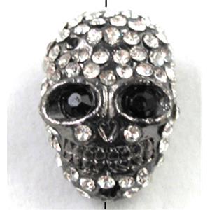 bracelet spacer, alloy Skull with rhinestone, black, 12x16mm, 1.8mm hole