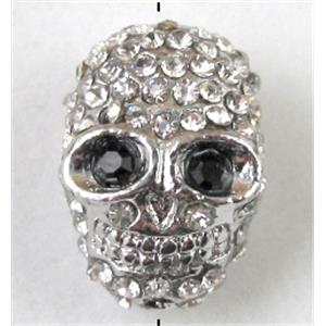 bracelet spacer, alloy skull with Rhinestone, platinum plated, 12x16mm, 1.8mm hole
