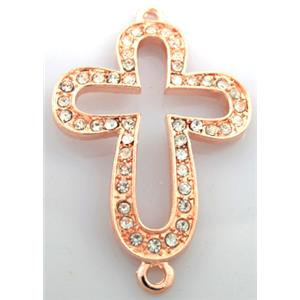 bracelet bar, alloy four-leaf clover cross, Rhinestone pave bead, red-copper, 28x35mm