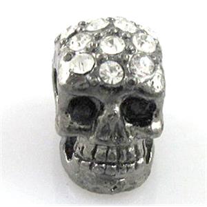Skull charm with rhinestone, alloy bead, black, 8x10mm, 2.8mm hole