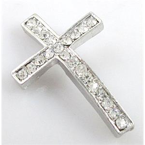 Cross curved sideways rhinestone pave bracelet connector, alloy, platinum plated, approx 12x18mm