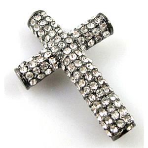 bracelet bar, cross with rhinestone, alloy bead, black, 27x40mm