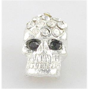 3D Skull charm, alloy bead, silver plated, 8x12mm, 3mm hole