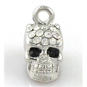 Skull charm, alloy pendant with rhinestone, platinum plated, 9x14mm