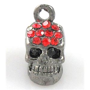 Skull charm, alloy pendant with rhinestone, black, 9x14mm